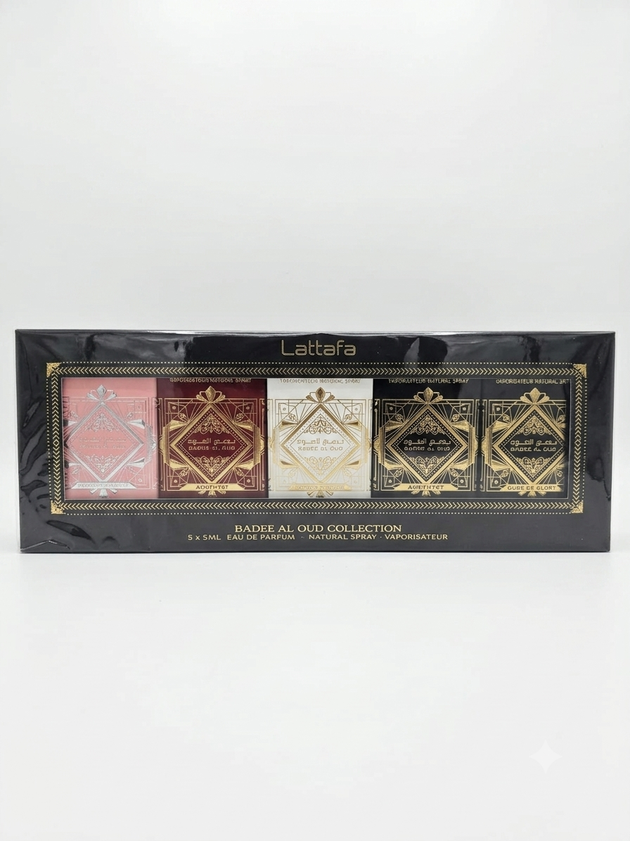 Bade'e Al Oud Collection 5x5 ml Gift Set by Lattafa (Oud for Glory, Sublime, Amethyst, Noble blush, Honor & Glory)