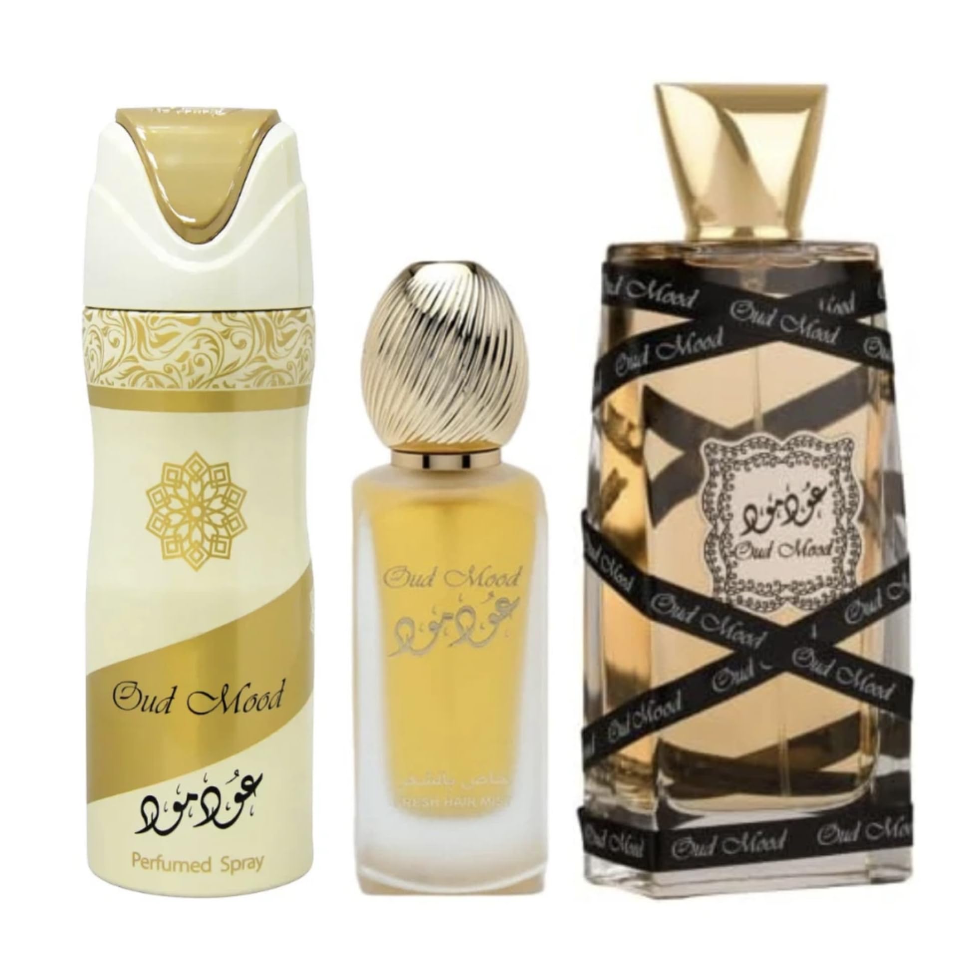 Lattafa Oud Mood Elixir 3 pcs Gift Set with 100 ml EDP 200 ml Deo and 50 ml Hair Mist